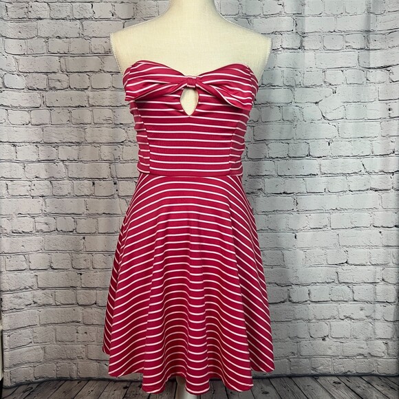Seduction Red White Striped Strapless Dress Cutout Bust Fit & Flare  Large - Picture 1 of 7